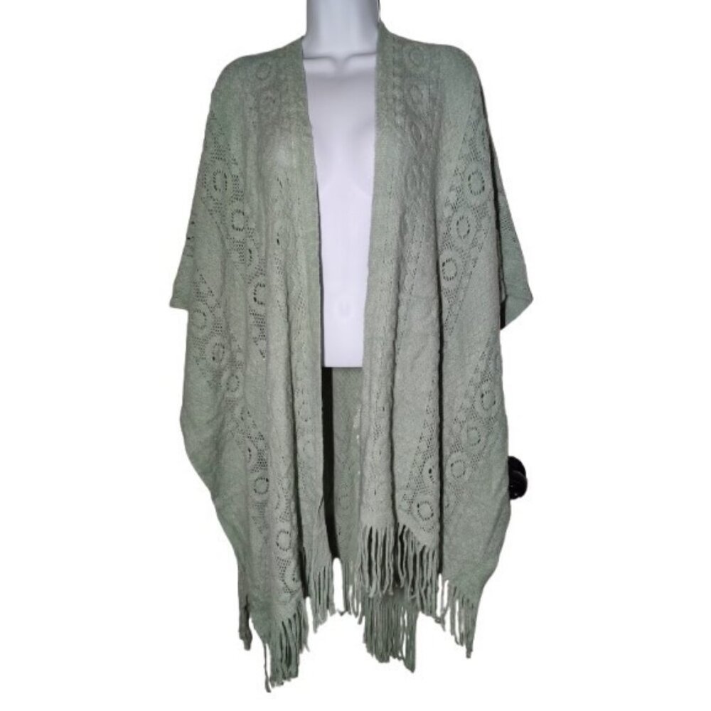 Pretty Persuasions Shawl Wrap Cozy Open Knit Aqua Blue W Fringe One‎ Size NWT